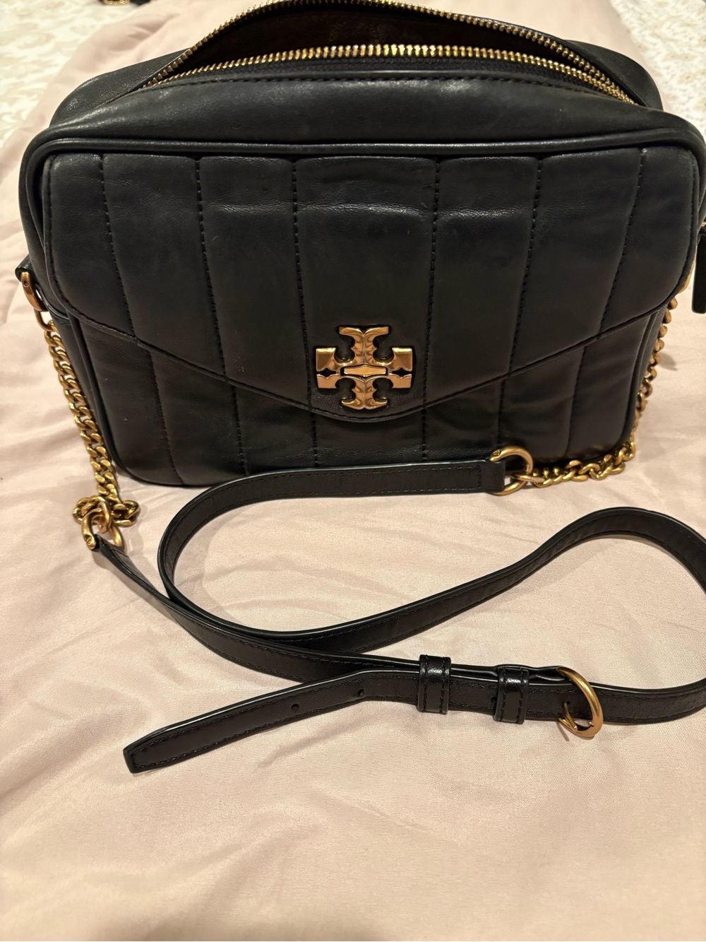 Tory Burch Black Quilted Leather Crossbody with Gold Logo